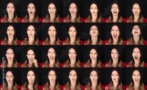 Actor Emotion Card. Collage of Young adult woman with various expressions positive six emotions.
