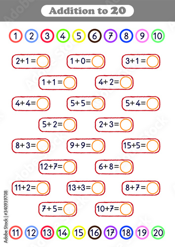 Addition to 20, math worksheet for kids, printable activity and homework pages