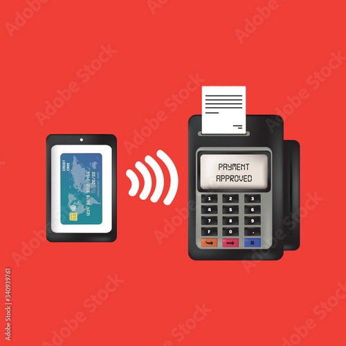 Vector payment machine and credit card. POS terminal confirms the payment by debit credit card, invoce.