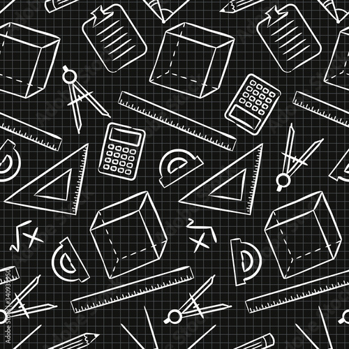 Seamless doodle pattern with school elements on blackboard. Vector background. Maths pattern on page from a notebook in a cage.
