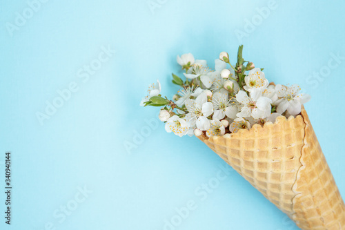 Ice cream cone with white flowers on a blue background. Minimal spring concept. Flat lay, floral background.Space for text