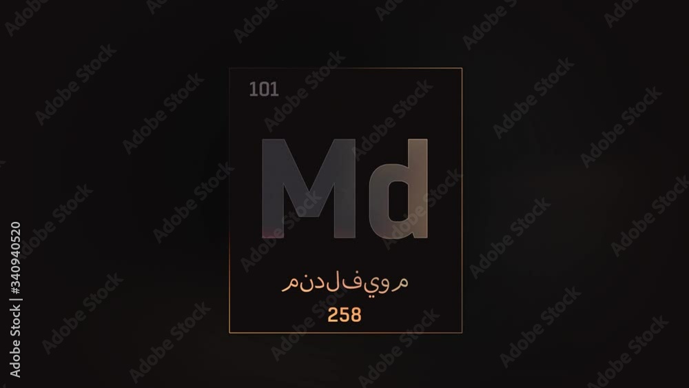 Mendelevium as Element 101 of the Periodic Table. Seamlessly looping 3D animation on grey illuminated atom design background orbiting electrons name, atomic weight element number in Arabic language Mendelevium as Element 101 of the Periodic Table. Seamlessly looping 3D animation on grey illuminated atom design background orbiting electrons name, atomic weight element number in Arabic language