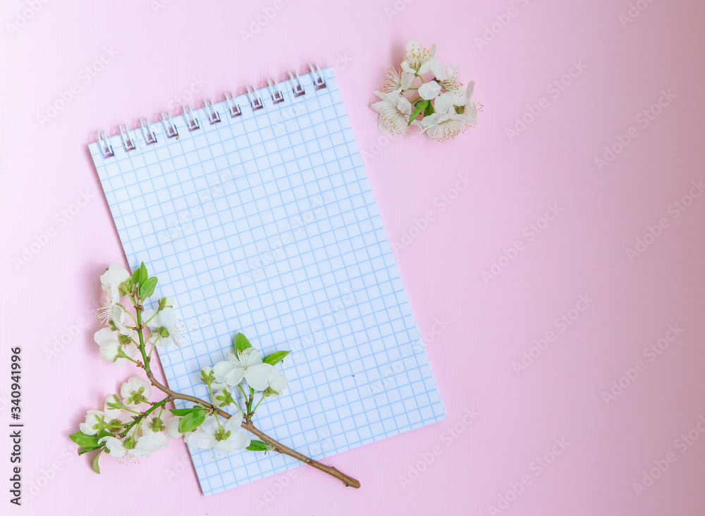 Spring concept. Floral, spring background. Template, frame. Blank sheet of notepad with white flowers on a pink background, space for text.