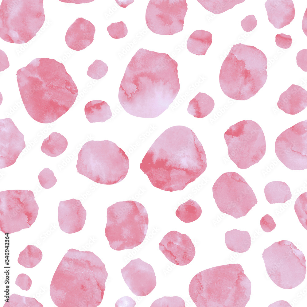 Pink watercolor dots texture raster seamless pattern in pastel colors on white background. Surface pattern design for fabric, wallpaper, scrapbooking or background.
