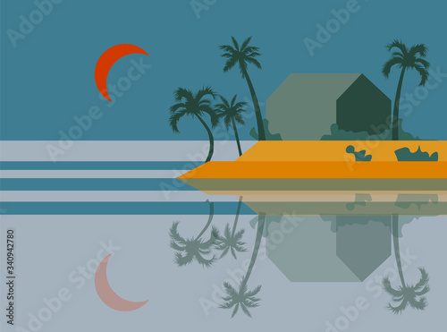 Beach at dawn with palm trees and orange moon in the sky