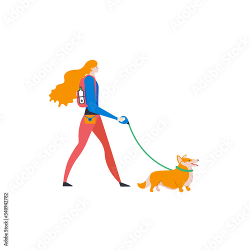 Сartoon style icons of Welsh Corgi Cardigan and personal dog-walker. Cute girl with pet outdoors.