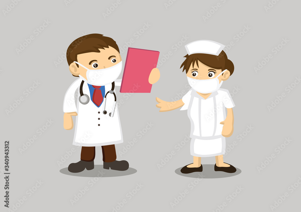 Doctors gives information file to his nurse. Vector illustration Doctors gives information file to his nurse. Vector illustration