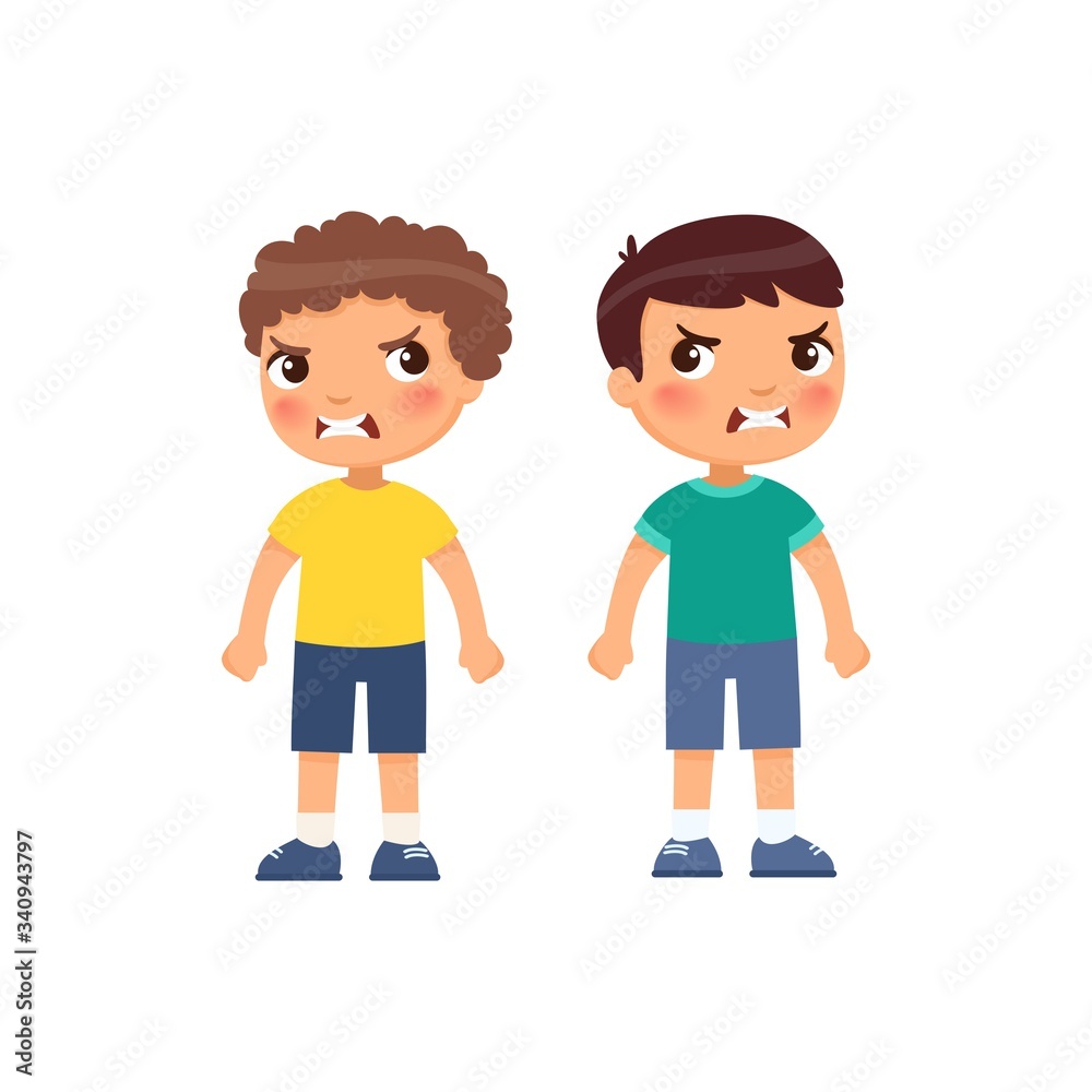 Angry little boys flat vector illustration. Furious children quarrel, aggressive kids arguing cartoon characters. Kids with mad face expression isolated on white background Angry little boys flat vector illustration. Furious children quarrel, aggressive kids arguing cartoon characters. Kids with mad face expression isolated on white background
