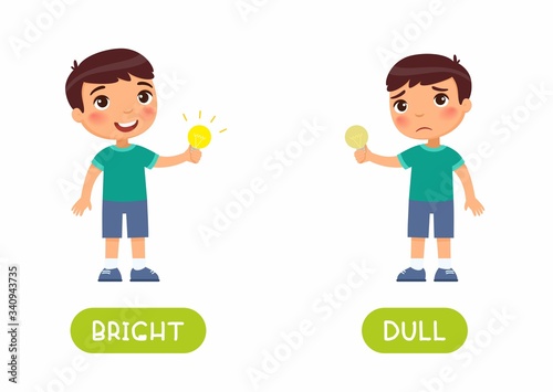 Cute boy holds a light bulb in his hand flat illustration with typography..Educational english word card with antonyms. Childish cards for language learning concept. Opposites, dull and bright words.