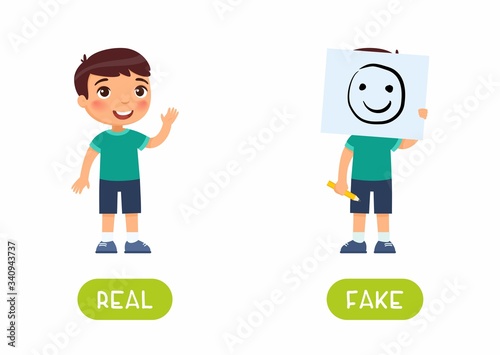 Real and fake antonyms word card vector template. Flashcard for english language learning with flat character. Opposites concept. Boy holding drawing of smiling face illustration with typography