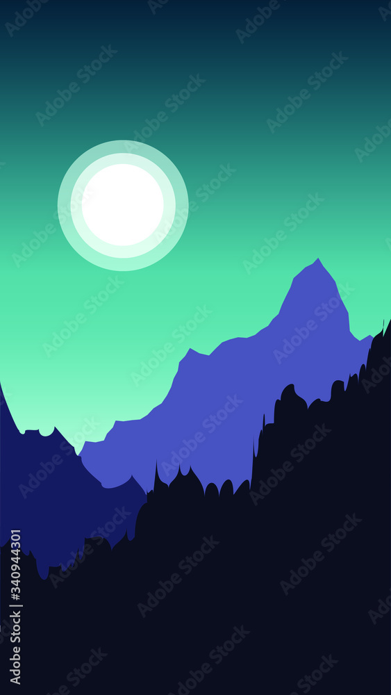 Vector illustration of the full moon night in a forest and mountain terrain wallpaper.