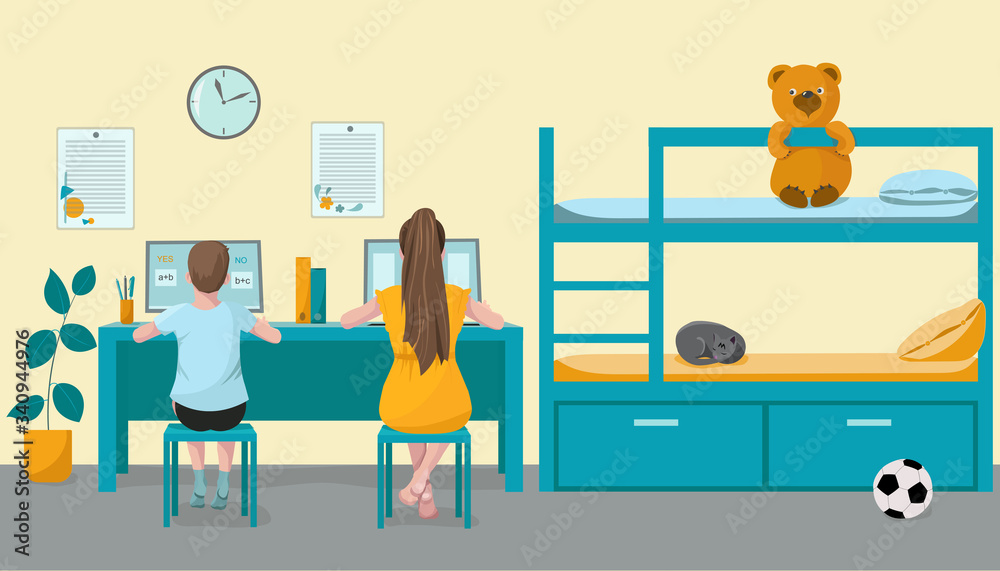 Children, schoolchildren, brother and sister, learn lessons, pass the remote test on a computer. Kids room with bed and toys. Vector illustration. Online home education concept, home education.