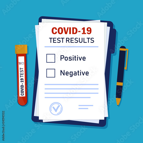 Diagnosis coronavirus on paper with tube of blood and pen. Results of test corona for patient from medicine laboratory. Clinic form with analysis of blood from test-tube. Diagnostic icon. vector.