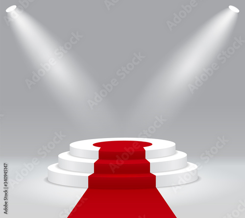 Red carpet on winner podium. Round stage with spotlight. Empty stair pedestal for award ceremony on isolated background. 3d illuminated platform for celebration of victory. Vector vip catwalk.