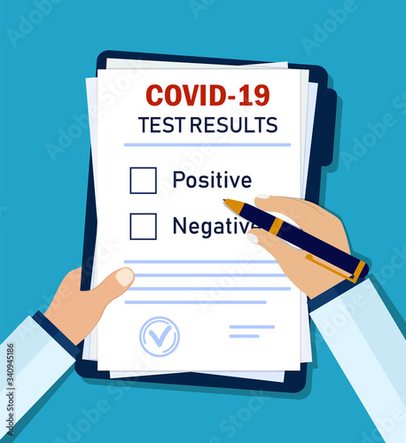 Doctor writes diagnosis coronavirus on clinic form. Hand writes results of test corona for patient from medicine laboratory on medical form. Clinic form with analysis. Diagnostic icon. Design vector.