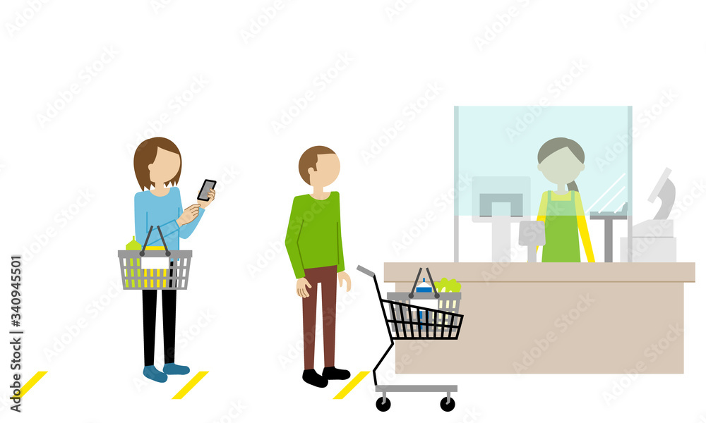 Illustration of people lined up at the cashier while social distancing to prevent the spread of infectious diseases (color)