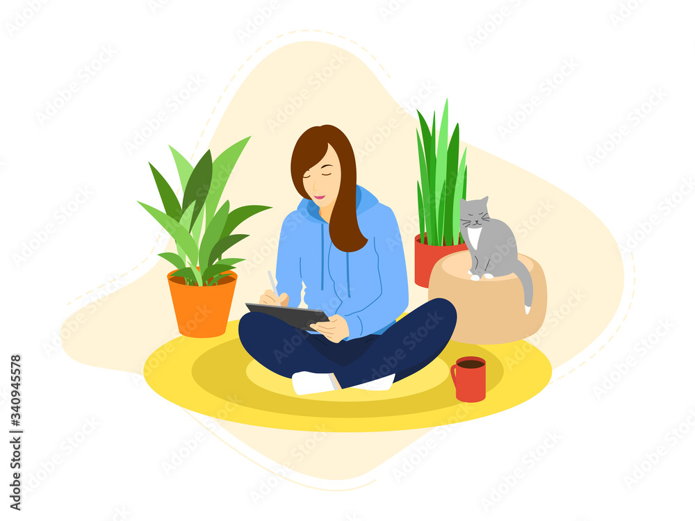 Concept of work at home. Woman freelancer is drawing on tablet at home. Vector illustration in flat cartoon style.