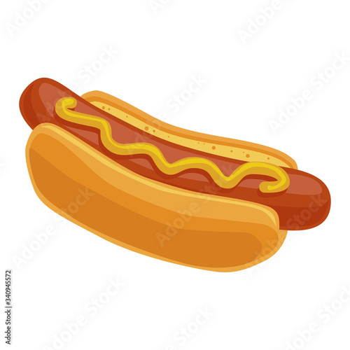Hot dog. Delicious food with a nipple lying in a bun and poured mustard. Fast food. Vector illustration isolated on a white background for design and web.