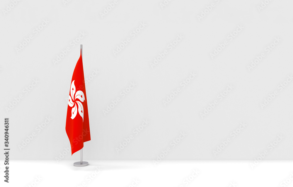 Obraz premium 3d rendering. folding Hong Kong National flag pole podium on empty gray cement wall stage background.