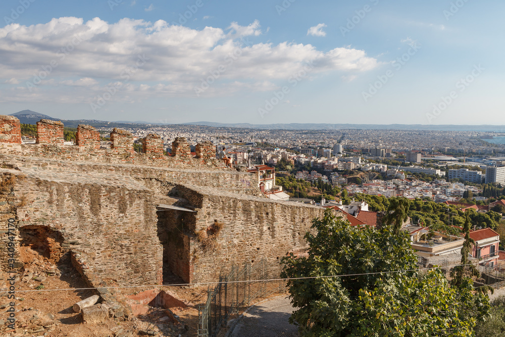 The view on Byzantine fort, named Heptapyrgion from the city ramparts. THESSALONIKI, GREECE