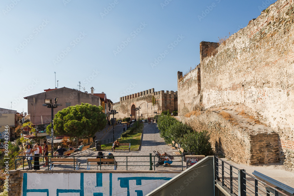 THESSALONIKI, GREECE - SEPTEMBER 15, 2018: The view on Byzantine fort, named Heptapyrgion from the city ramparts