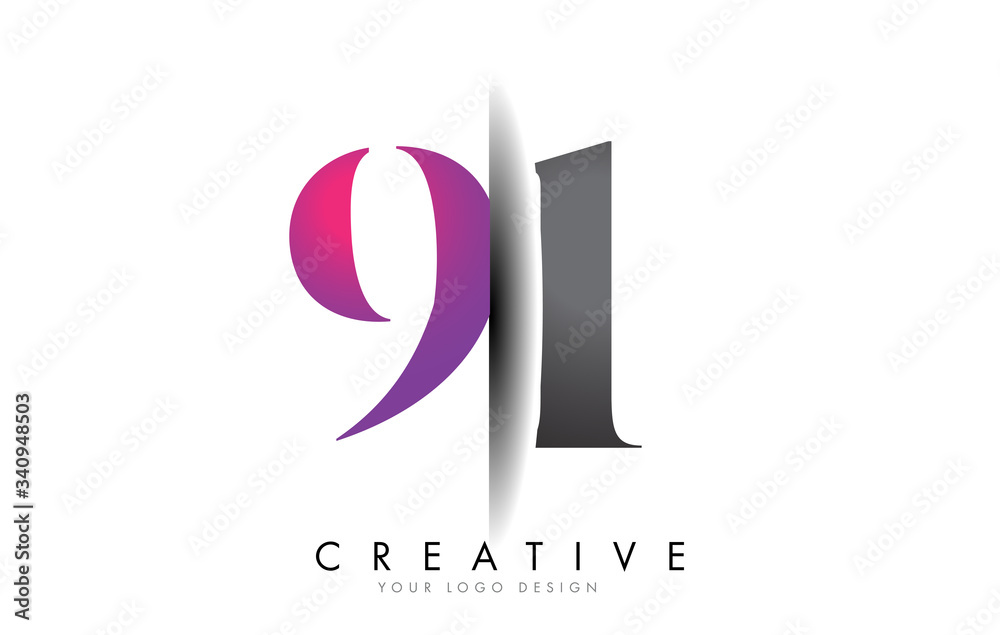 91 9 1 Grey and Pink Number Logo with Creative Shadow Cut Vector.