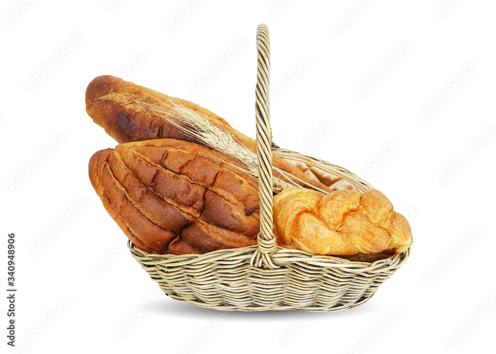 Fresh homemade bread in basket isolated on white background. This has clipping path.   