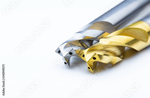 drill bits special tools. 3 teeht coating carbide precision, high speed. On white background. Make holes part automotive. Drilling metal steel cast iron Aluminum stainless .