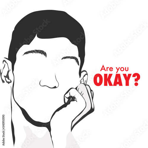 Character drawing of a thoughtful, sad young man, in monochrome. Mental health awareness banner/poster. Space for Custom text.  