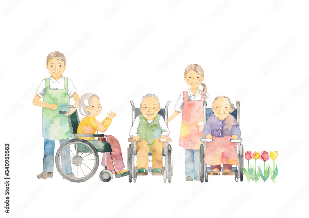 老人ホームと介護士とチューリップ
