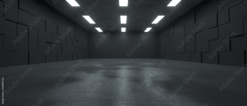 3d rendering of a futuristic dark concrete underground space with lights - obrazy, fototapety, plakaty 