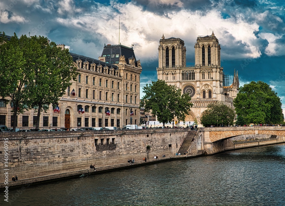View of the famous Notre-Dame de Paris church. Is a medieval Catholic cathedral and is considered to be one of the finest examples of French Gothic architecture.