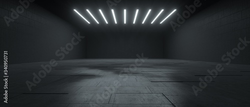 3d rendering of a futuristic dark concrete underground space with lights