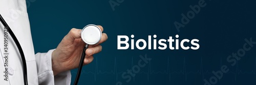 Biolistics. Doctor in smock holds stethoscope. The word Biolistics is next to it. Symbol of medicine, illness, health photo