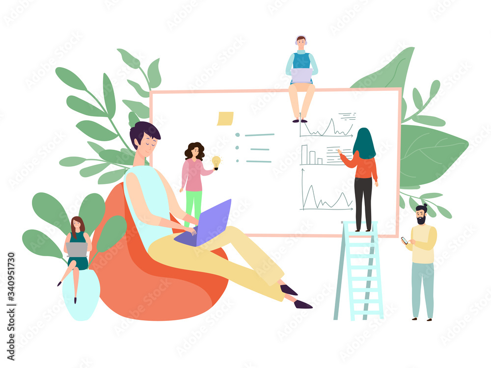 Team of tiny people help freelancer analyze data, creative solution concept, vector illustration. Entrepreneur research information, men and women cartoon characters work together. Project idea symbol