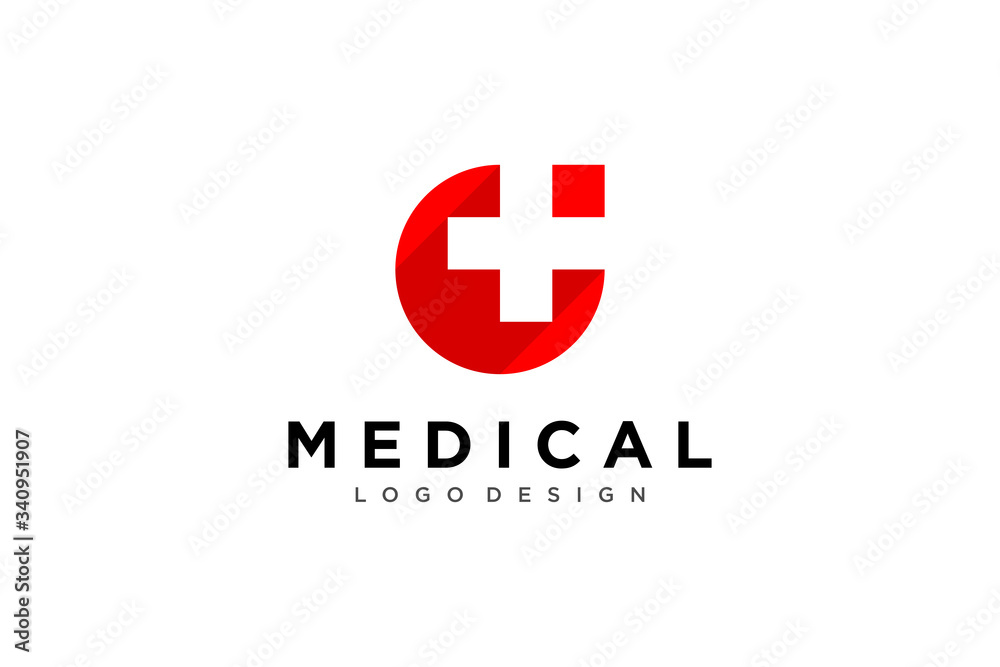 Medical Logo Health Icon. White Cross Sign Negative Space with Long Shadow in Red Water Drop Shape isolated on White Background. Flat Vector Logo Design Template Element. Medical Logo Health Icon. White Cross Sign Negative Space with Long Shadow in Red Water Drop Shape isolated on White Background. Flat Vector Logo Design Template Element.