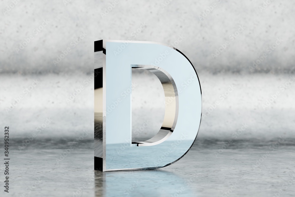 Chrome 3d letter D uppercase. Glossy chrome letter on scratched metal ...