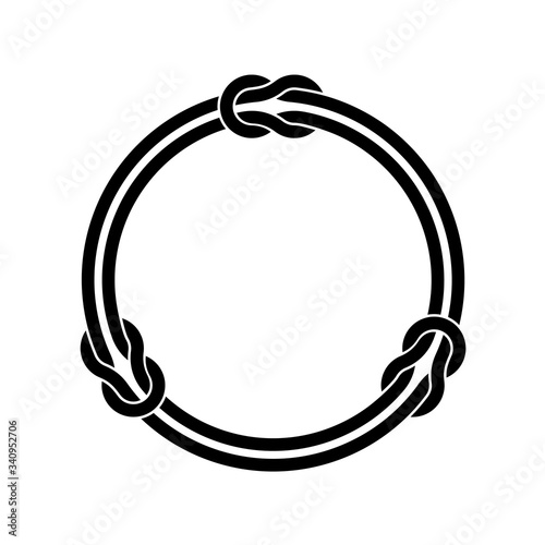 Circle frame with knots and two infinite even ropes. Black color round wires decoration.