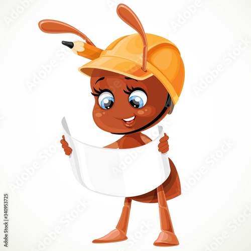 Cute ant in the construction helmet is considering drawing on paper, isolated on white background