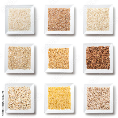 9 square plates with different cereals and seeds on a white background isolated with shadow