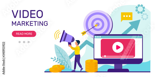 Video marketing concept.  Social media market vector web banner. Illustration of marketing video, online advertising, vlog.