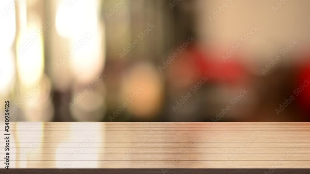 3D Rendering, Wooden top table with bokeh light effect and blur restaurant on background, blur background 3D Rendering, Wooden top table with bokeh light effect and blur restaurant on background, blur background
