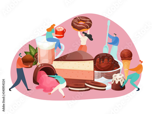 Chocolate dessert concept, tiny people holding huge sweets, cake and ice cream, vector illustration. Dessert cafe menu, tasty food and drink. Doughnut, ice cream, muffin and cookie. Bakery assortment