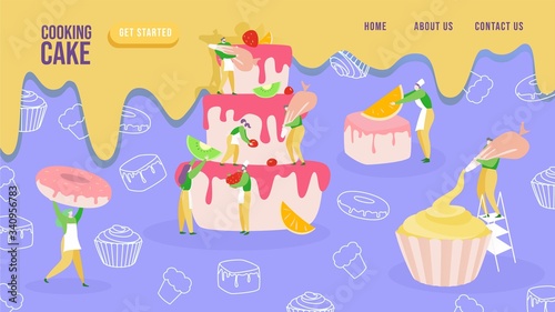Cake baking concept, tiny people cartoon characters, website page template, vector illustration. Men and women decorating huge cake with fresh fruit and berries. Bakery dessert cooking, pastry team