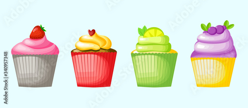 Set of delicious cupcakes on blue background, isolated. Cream strawberry, lemon, blueberry on muffin. Birthday cake. Dessert. vector illustration, flat design