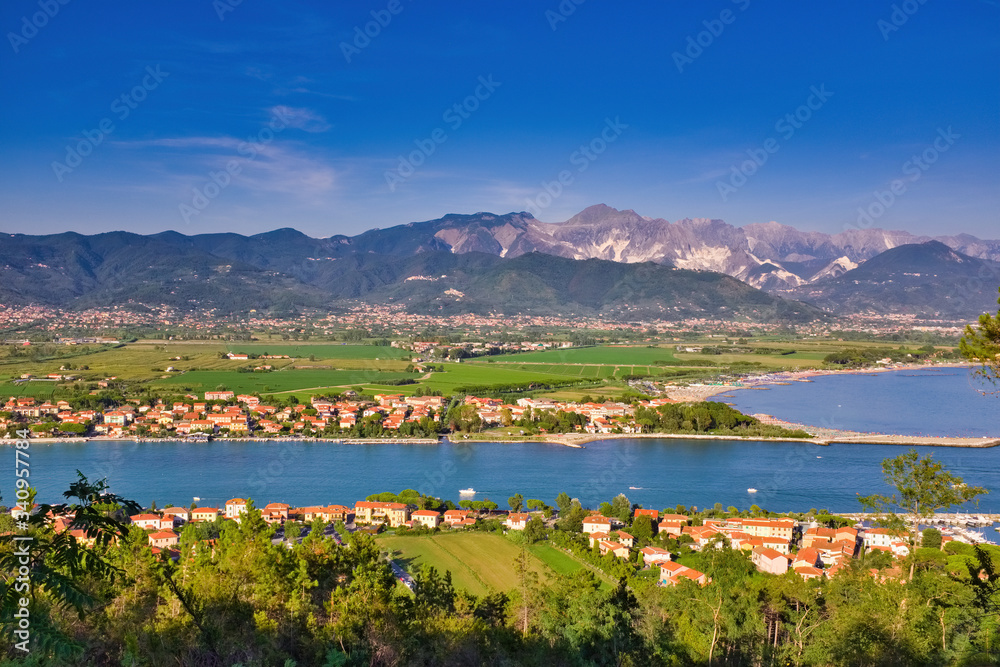 Obraz premium Fiumaretta beach and mouth of the Magra river from Montemarcello Liguria Italy