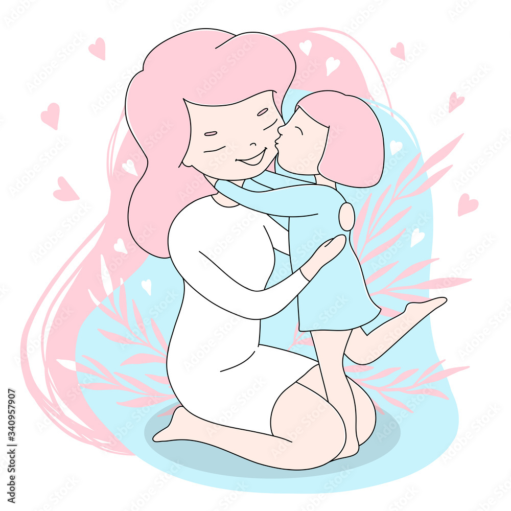 Beautiful young mother with a little daughter. A little girl hugs and kisses her mother. Beautiful young mother with a little daughter. A little girl hugs and kisses her mother.