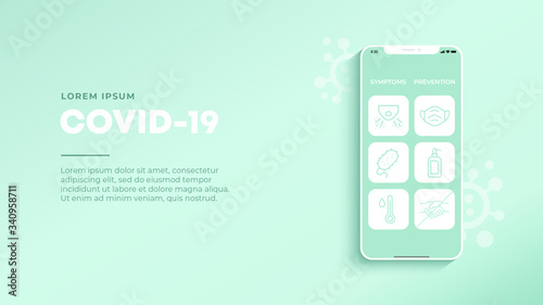 Mock up screen, flat green background. Mobile phone with icon infographics - Symptoms and Preventions from COVID-19 virus