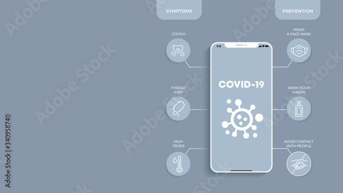 Mock up screen, flat grey background. Mobile phone with icon infographics - Symptoms and Preventions from COVID-19 virus