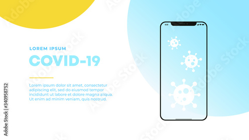 Mock up screen, blue gradient and yellow background. Mobile phone with icon infographics - Symptoms and Preventions from COVID-19 virus